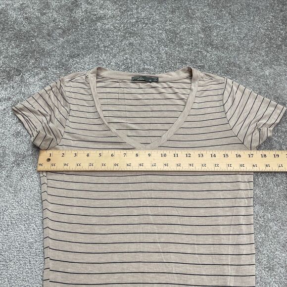 Prana Ruched Bodycon Midi Dress Womens Medium Beige Stripe V-Neck Stretch Casual - Picture 8 of 13